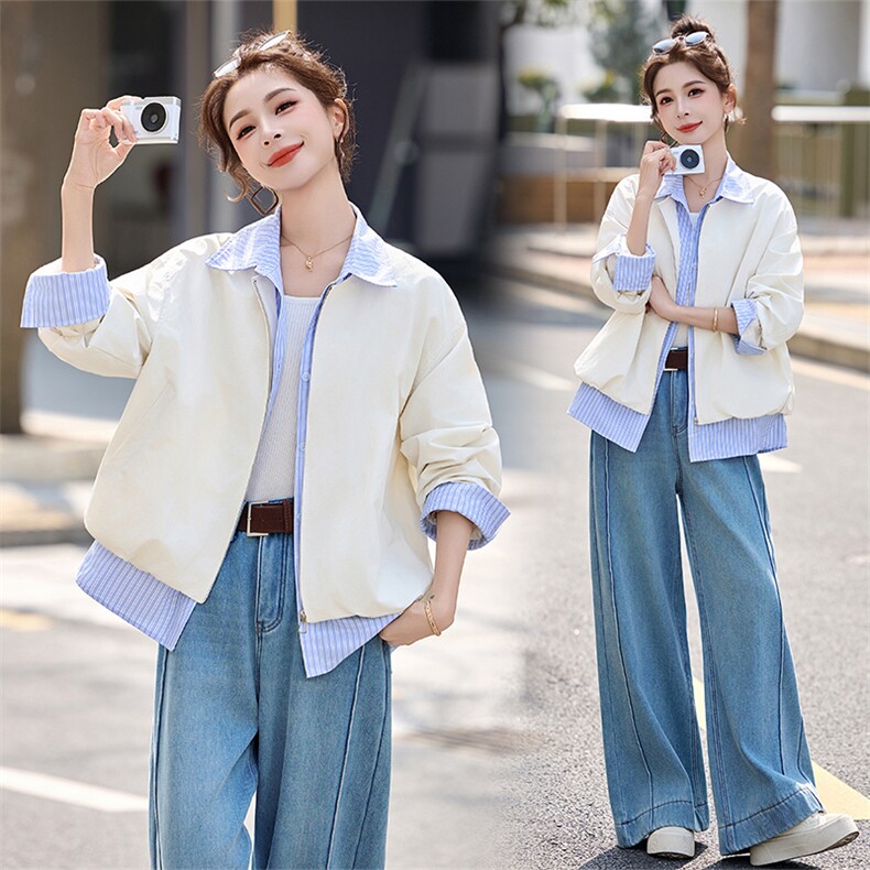 时尚条纹拼接假两件短外套女春季新款设计感减龄夹克风衣上衣，女装短外套，秀美人生