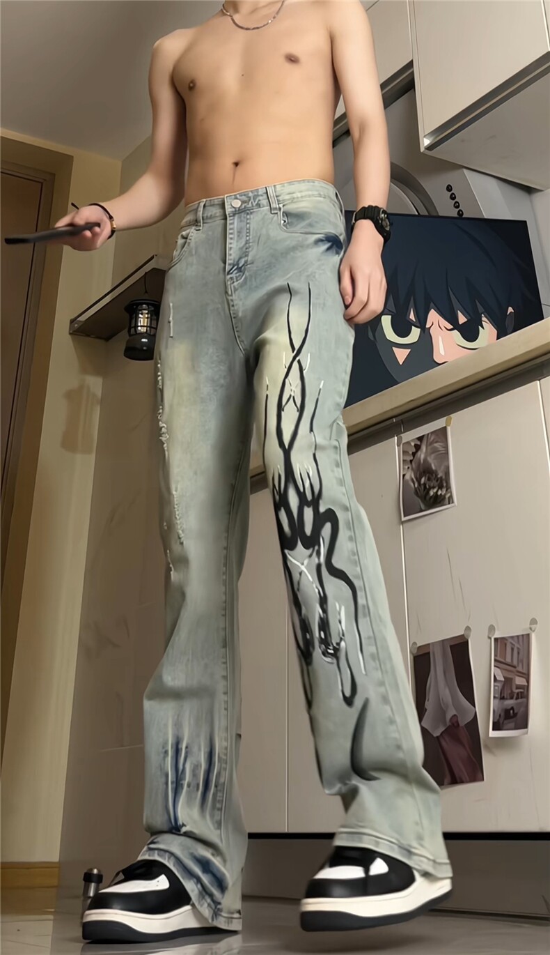 手绘涂鸦复古泥染做旧破洞直筒裤美式废土街头潮牛仔裤GJ396P50,男装牛仔裤,电商D256
