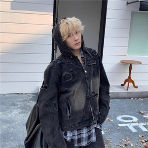 复古街头水洗做旧牛仔外套男女秋季新款连帽牛仔夹克 JK8219图片