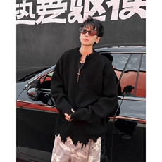 半拉链cleanfit破坏毛边针织衫宽松慵懒风设计师毛衣男MZ709-P62，男装针织衫/毛衣，星座412-3