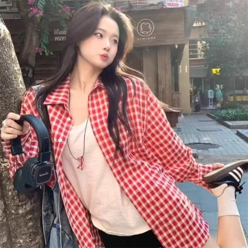 TC635-P45日系复古红色格子长袖衬衫女韩版百搭宽松甜美设计感图片