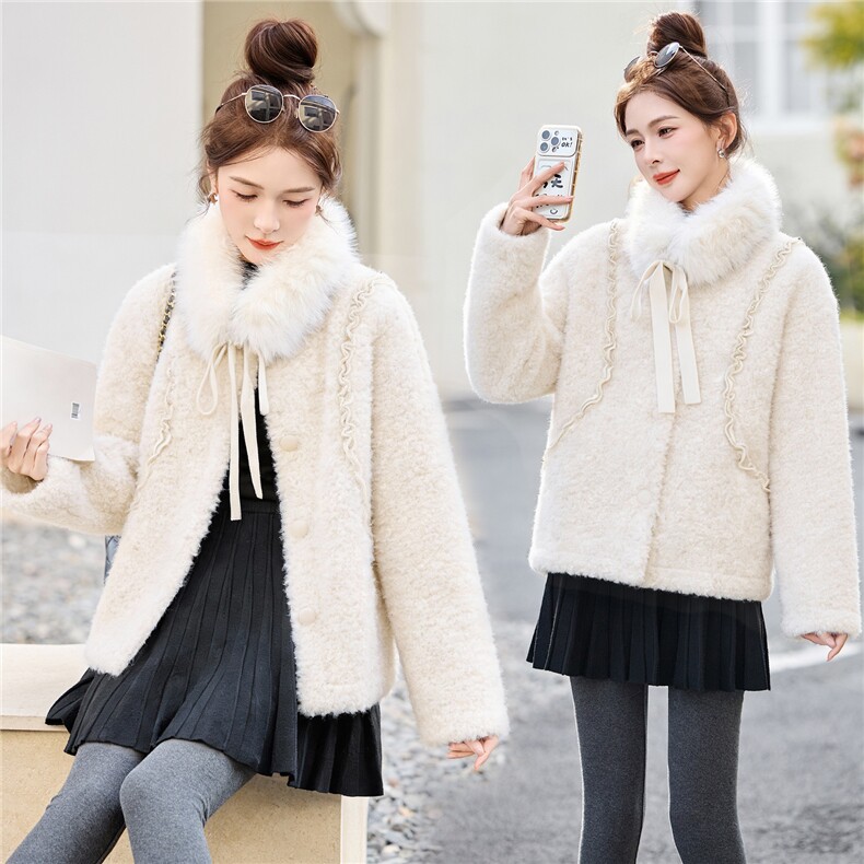 2026春秋冬小个子短款上衣外套气质时尚显瘦羊羔毛绒大衣皮毛一体，女装羊羔毛/颗粒绒，意芙
