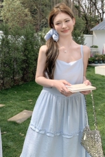 韩式海边度假蓝色吊带裙女2025年夏季新款百搭洋气休闲茶歇长裙潮，女装连衣裙，蝶眷