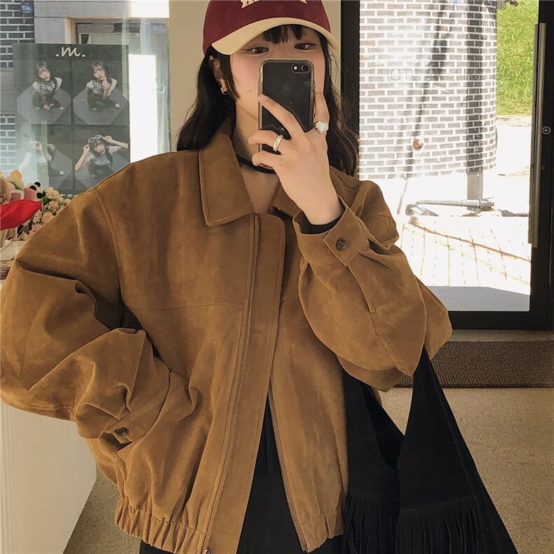 秋季新款复古小众宽松休闲口袋长袖麂皮绒棒球服夹克外套JKK776图片