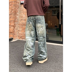 oldschool美式裤子男小众设计感复古黄泥色涂鸦牛仔裤宽松直筒裤，男装牛仔裤，星座506A