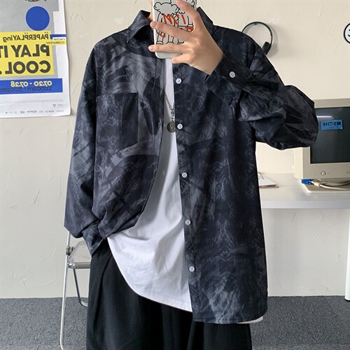 扎染春秋长袖衬衫男港风休闲翻领潮流百搭学生日系衬衣cs044-p30,男装衬衫,星座1008