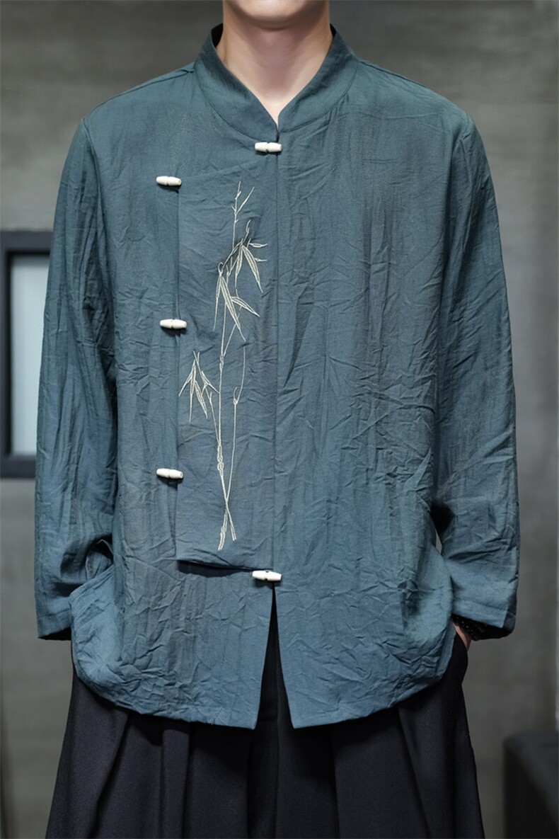 新品（折枝金竹）棉麻混纺绣花木头扣大码宽松长袖衬衫男女款,男装衬衫,星座305A（原312A-1）