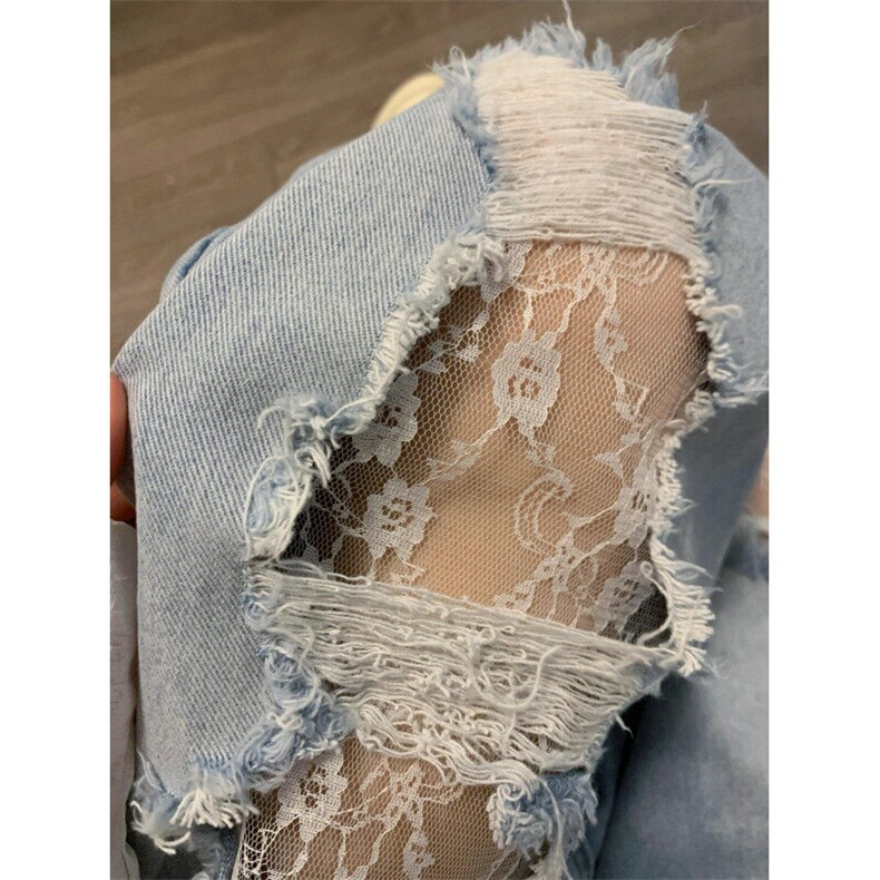 CK123CC-特P52蕾丝破洞牛仔裤设计感高级直筒裤子,女装休闲裤,星座1007（原301D）