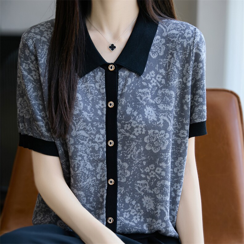 撞色提花天丝POLO领针织短袖开衫T恤女2025夏显瘦宽松大码t恤上衣,女装T恤,唐诺