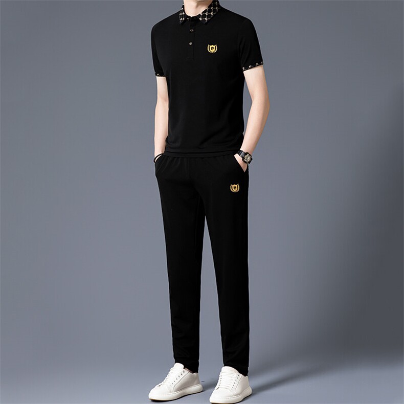 HP5090夏季新款男士休闲套装刺绣男装百搭二件套翻领图片