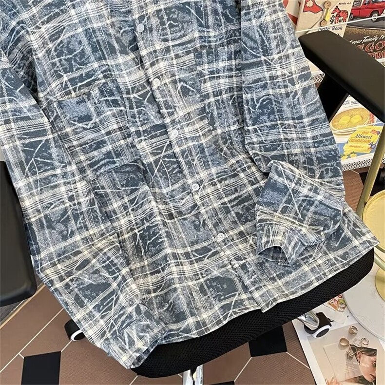 春秋季港风格子衬衫男痞帅高级感长袖衬衣潮流潮牌日系内搭外套,男装衬衫,星座1013