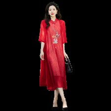 连衣裙2023年夏季纯色时尚简约个性百搭潮流中长款风刺绣，女装连衣裙，贵人树