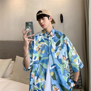 短袖衬衫春夏新款男港风潮流树叶衬衣C430P32图片