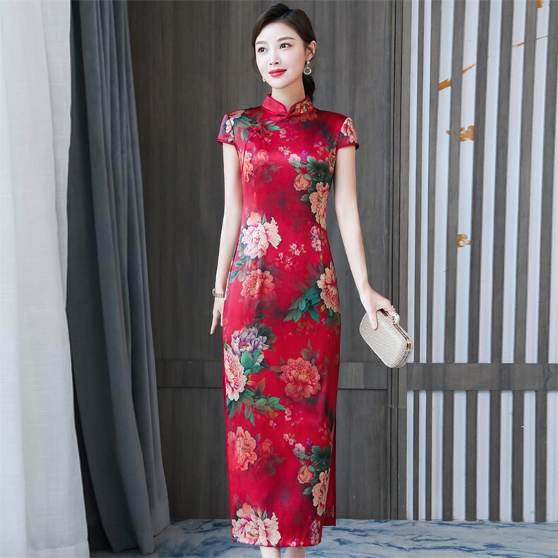 2026春夏季新款专柜品质真丝优雅时尚印花长款婚礼旗袍连衣裙,女装连衣裙,小荷流