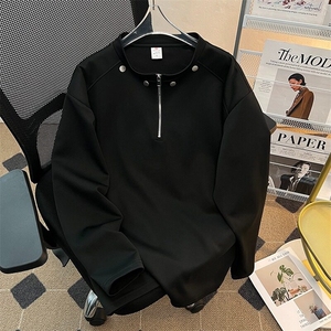 半拉链解构小众设计感花灰色垫肩卫衣男春秋cleanfit重磅长袖T恤图片