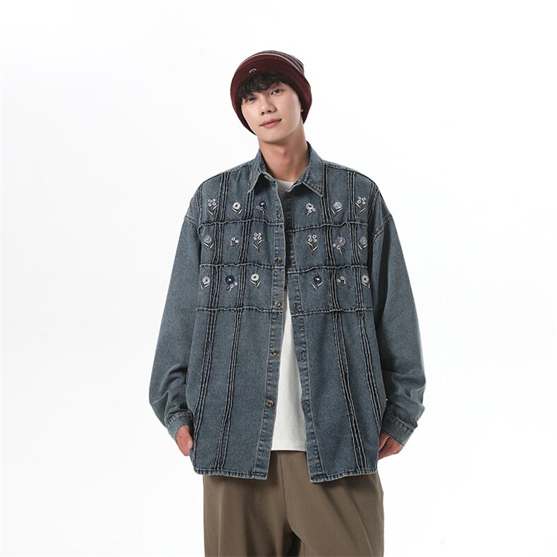 小花刺绣牛仔衬衫男2025新款宽松bf风日系复古开衫上衣JK1147-P78,男装夹克,星座1103-3