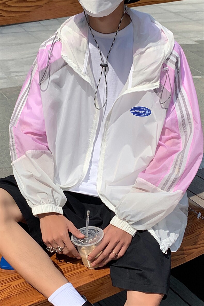 港风夏季潮流宽松撞色连帽外套防晒服男F608P55控68,男装防晒衣,电商A268A