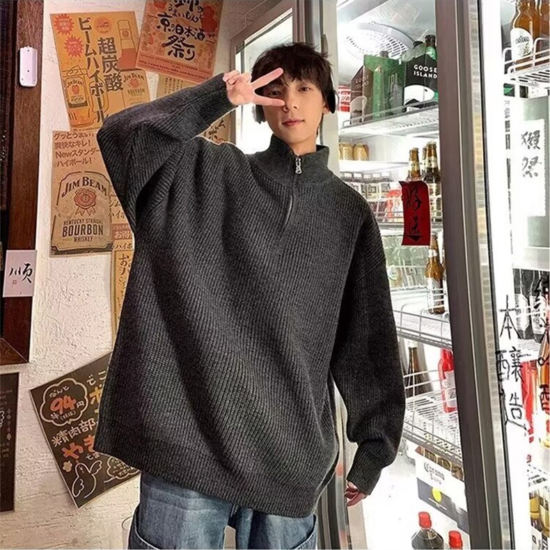 抖音得物保暖立领拉链针织外套秋冬宽松慵懒风纯色毛衣上衣AM01,男装针织衫/毛衣,电商A443