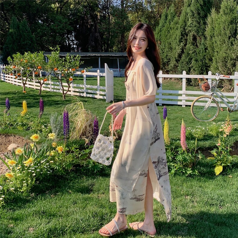 新款2025年夏季新中式风山水印花氛围感披肩气质连衣裙,女装连衣裙,浙宝220A