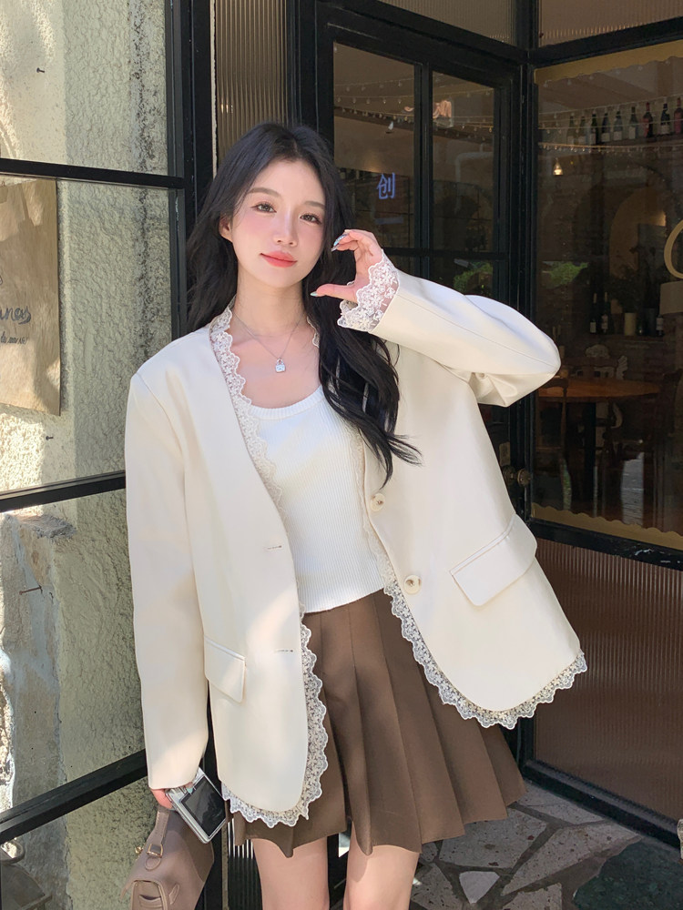 蕾丝拼接休闲西装外套女2026春秋新款温柔风宽松显瘦气质西服上衣，女装西装，浙宝128A