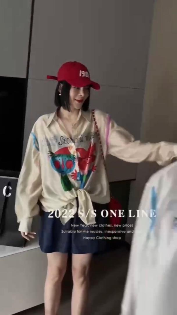 夏季新款欧洲站洋气卡通小人头衬衫,女装衬衫,L·H·X