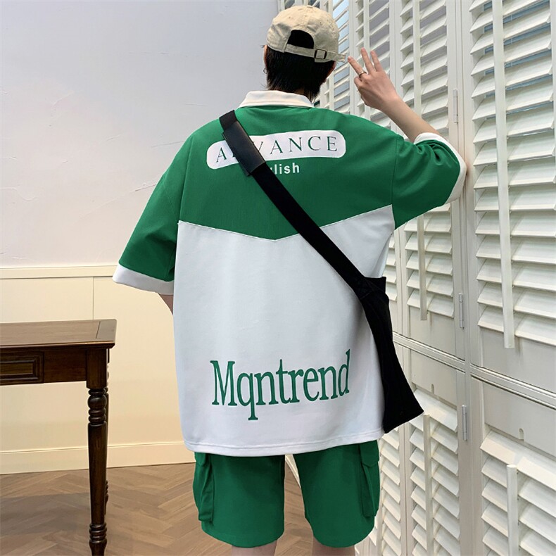 夏季港风短袖POLO衫冰丝休闲套装男情侣T恤短裤两件套潮6628-P60，男装T恤，电商A441-1