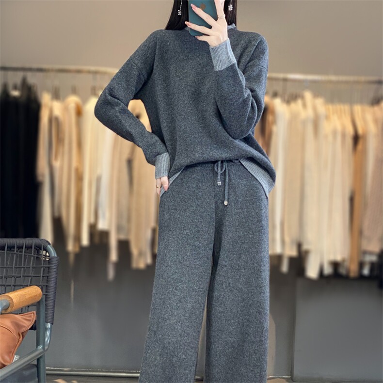时尚拼色圆领毛衣套装显瘦百搭针织衫女秋冬季新款,女装套装/套裙,宛庄羊绒