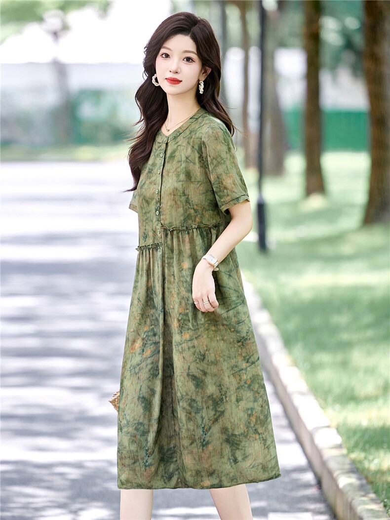 时尚休闲印花连衣裙女2025夏季新款宽松圆领木耳花边减龄碎花裙子,女装连衣裙,木橙西子