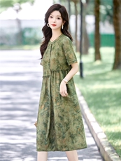 时尚休闲印花连衣裙女2025夏季新款宽松圆领木耳花边减龄碎花裙子，女装连衣裙，木橙西子