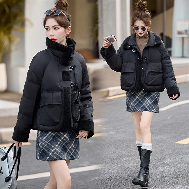 时尚新款仿羊羔毛拼接休闲小个子白鸭绒羽绒服女短款加厚保暖外套,女装羽绒服,采品优优