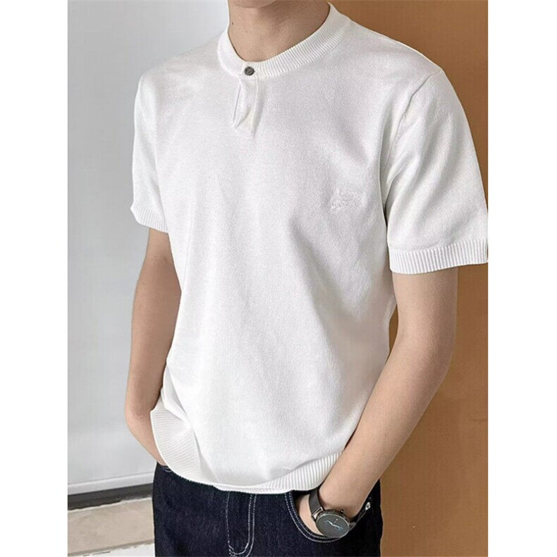 韩版设计感亨利领领短袖针织衫男复古合身刺绣短袖上衣T301，男装T恤，星座1116A（原606A-3）