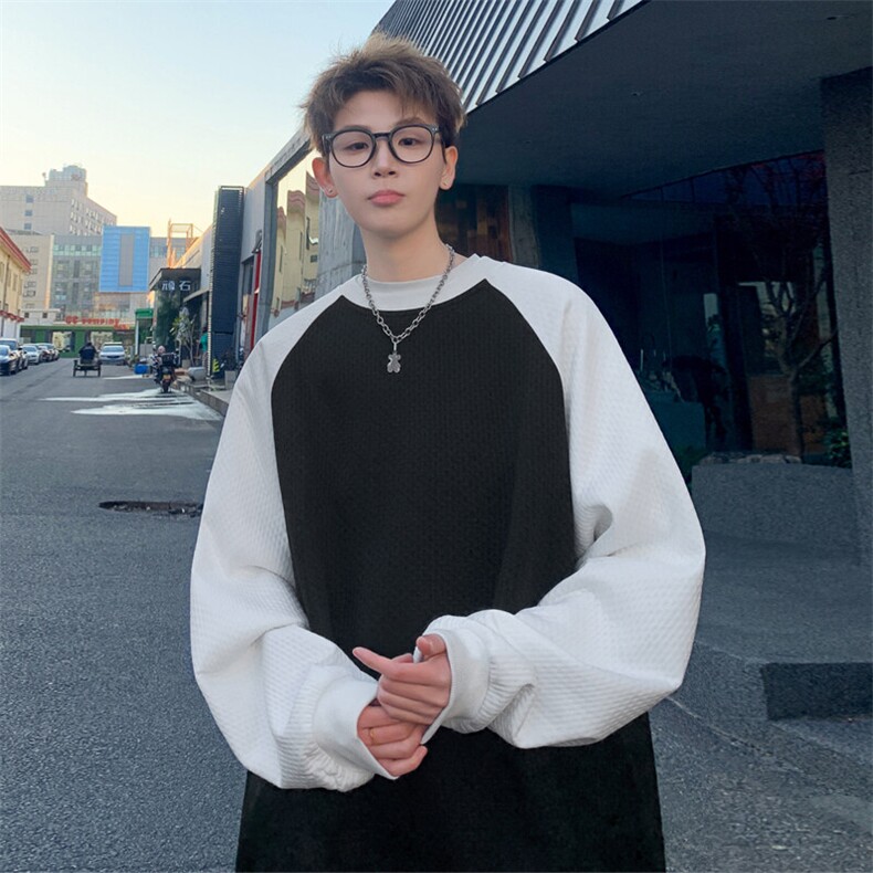 港风圆领卫衣男春季大码cleanfit拼色宽松慵懒风内搭休闲长袖T恤,男装卫衣,电商A022