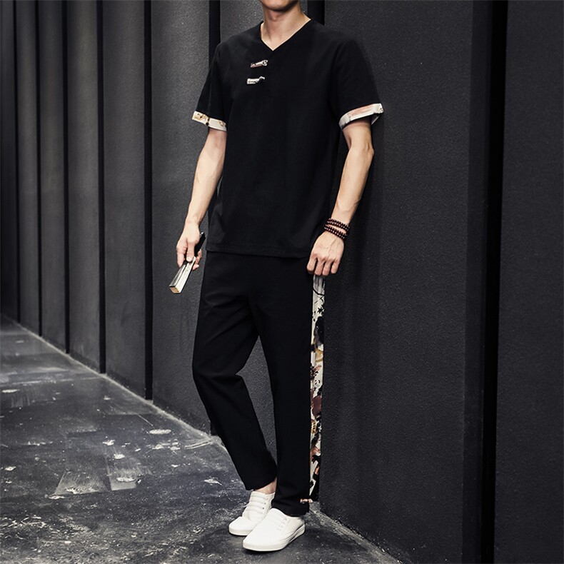 2026夏季风棉麻亚麻短袖T恤唐装大码男士盘扣套装H528-P50,男装休闲套装,星座1105-3