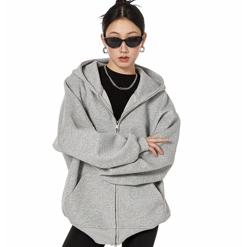 男女同款重磅纯色开衫厚棉T女春秋宽松休闲慵懒风连帽外套情侣，女装卫衣/绒衫，星座218-8