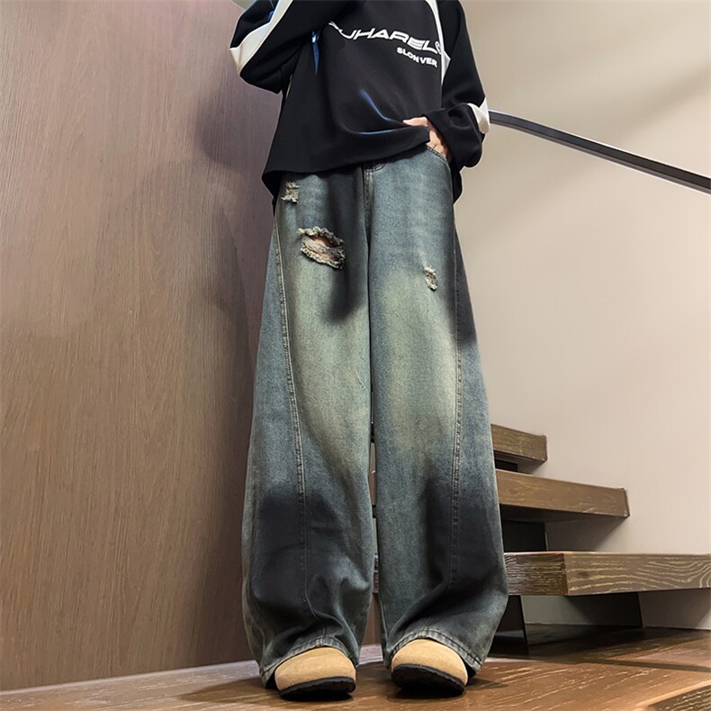美式涂鸦破洞牛仔裤潮牌宽松休闲百搭直筒弯刀裤图片