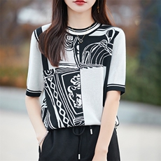 莱赛尔针织撞色提花短袖女T恤2025新款上衣半袖打底衫复古洋气t恤，女装T恤，暖烁羊绒