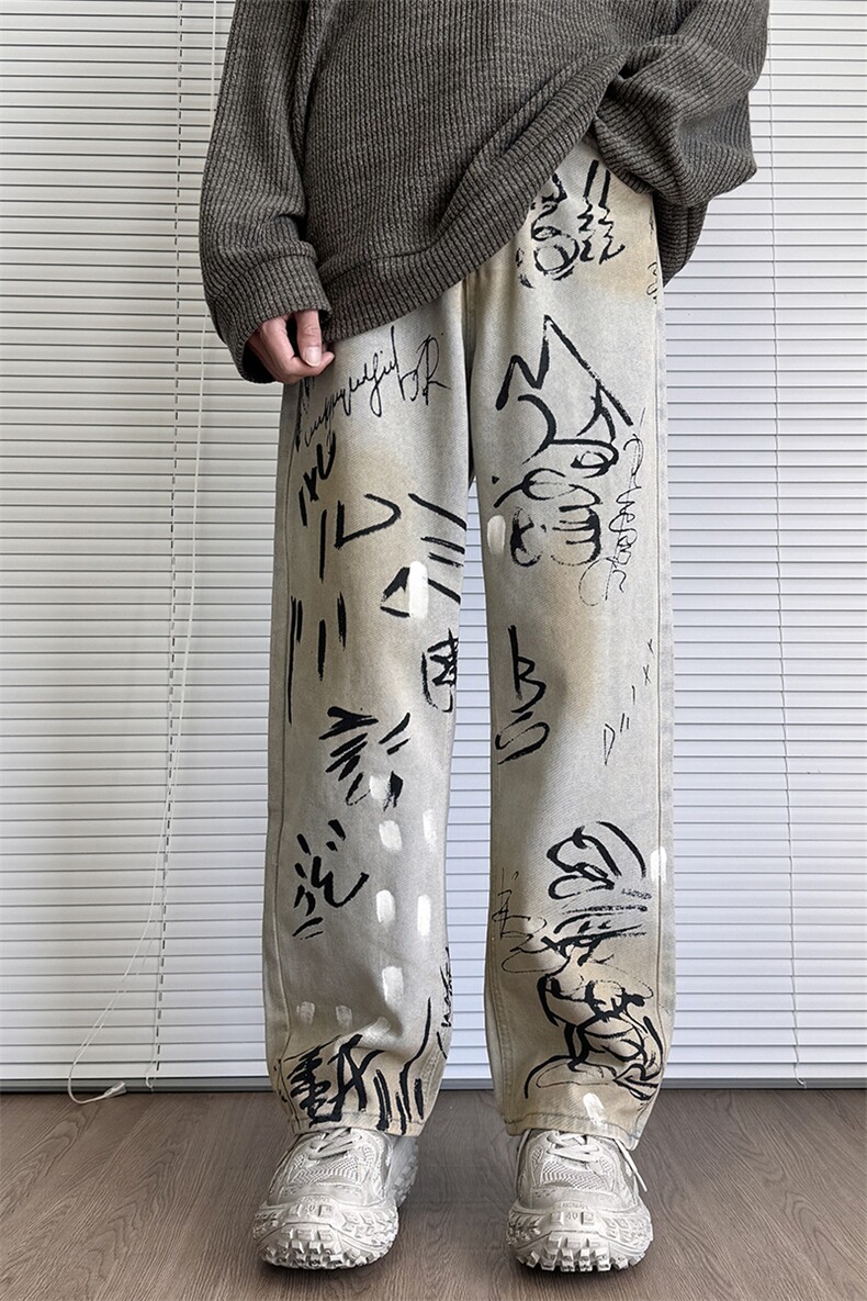 复古水洗涂鸦印花牛仔裤男手绘小众设计感潮牌直筒长裤L2047/P58,男装牛仔裤,电商B381-2