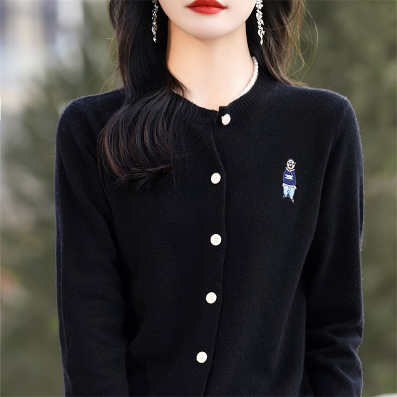 春季款圆领羊毛开衫女宽松刺绣长袖薄毛衣针织打底上衣,女装羊毛衫,哲奥羊绒