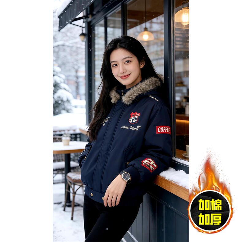 现货高品质美式高街重磅刺绣座山雕大毛毛领棉衣男女加厚棉服外套，男装棉衣，电商A486