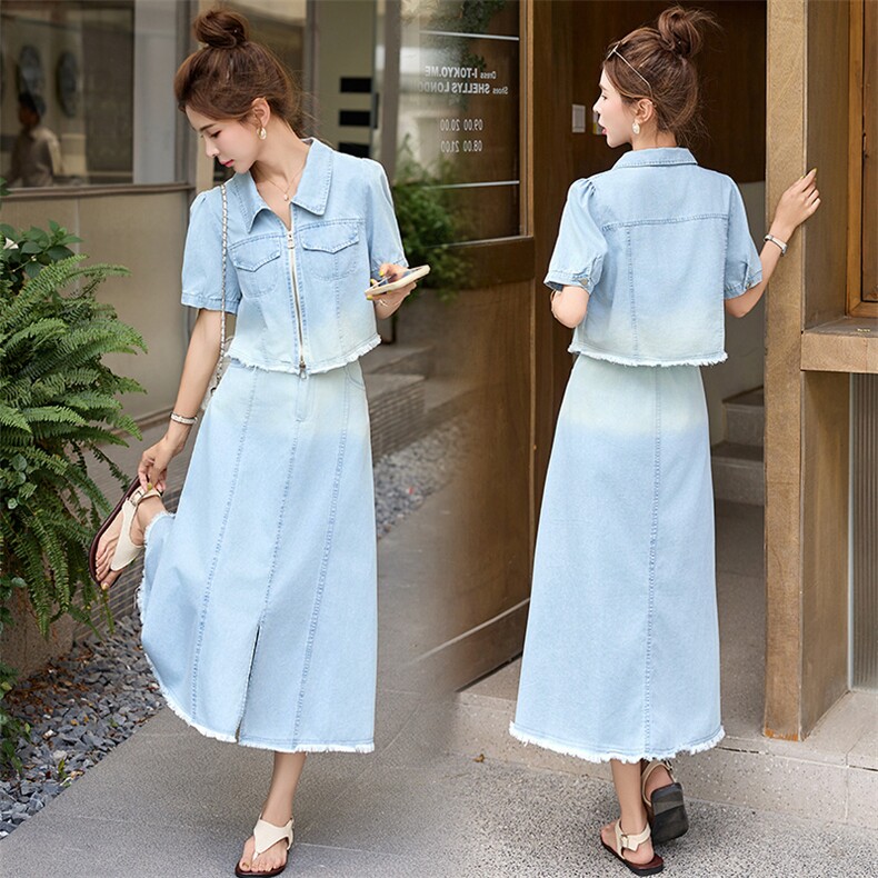 现货牛仔套装女夏季2025新款高级感显瘦遮肚子减龄半身裙两件套，女装套装/套裙，韩然一族