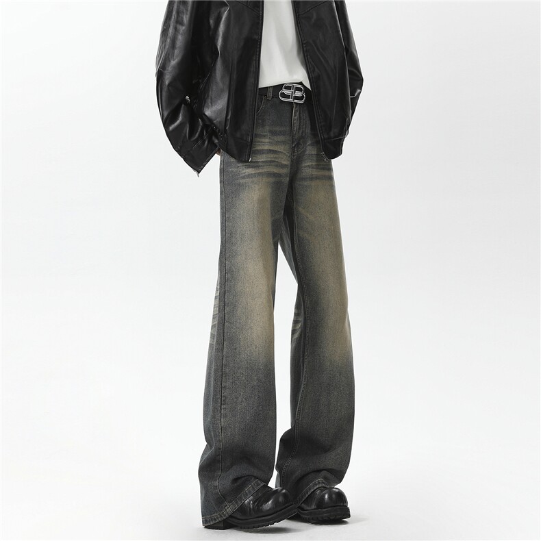 破洞牛仔裤男美式复古潮牌痞帅扎染工装阔腿高街显瘦弯刀长裤P55，男装牛仔裤，星座610B-1