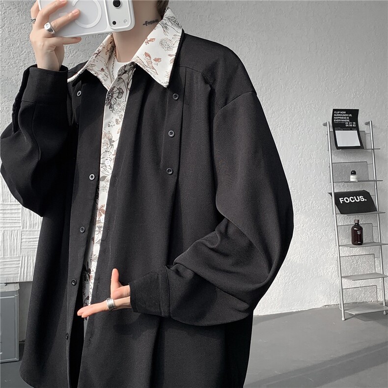 潮流休闲花卉印花领翻领假两件休闲长袖衬衫上衣男潮特P52,男装衬衫,电商B319