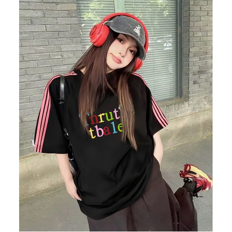 抖音得物品质二开240克宽松纯棉美式潮牌印花三条杠中性风短袖T恤,男装T恤,电商A486-1
