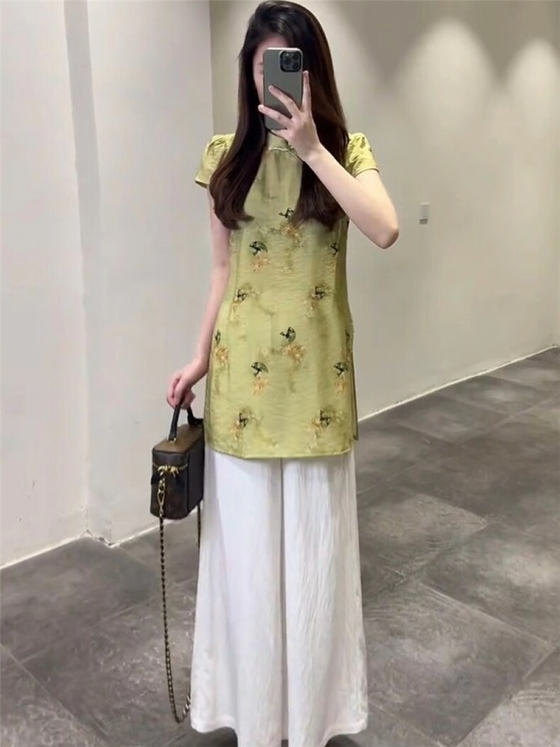 TOUCHMISS时尚气质套装女夏新中式盘扣旗袍短袖上衣阔腿裤两件套,女装套装/套裙,韩蔻秀