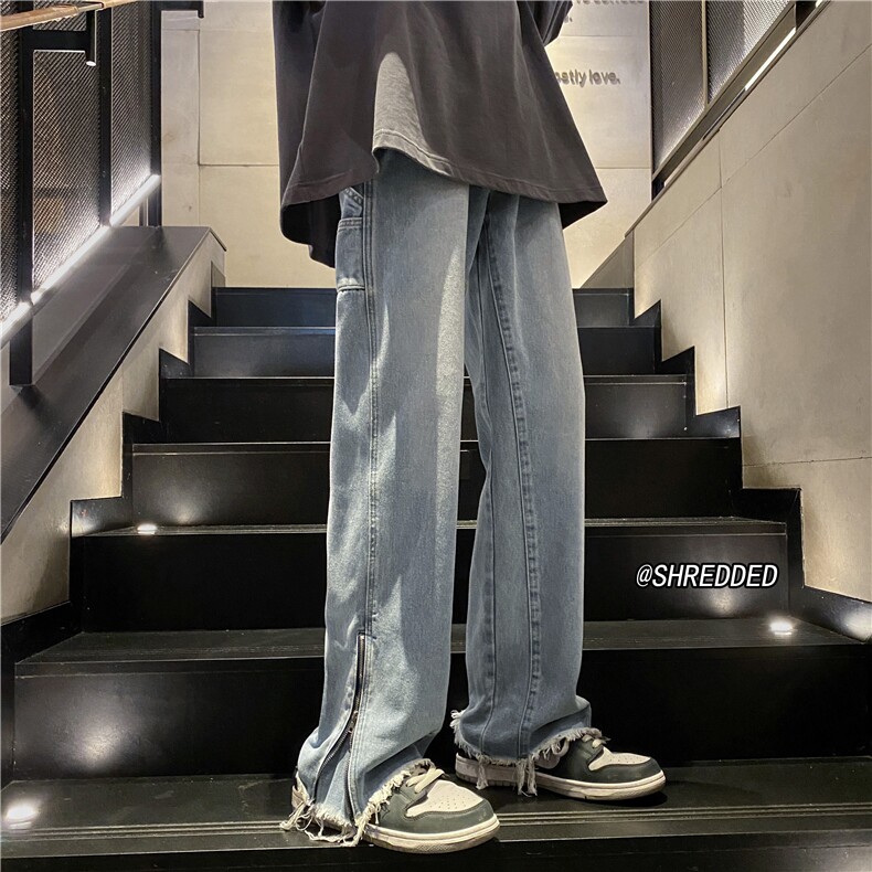 春季新款高街直筒微喇毛边裤脚拉链牛仔裤B315-K1315P65控78,男装牛仔裤,电商B315