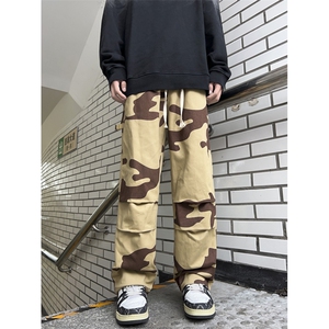 港风秋款男休闲裤宽松褶皱迷彩裤牛奶休闲长裤h77 P45图片