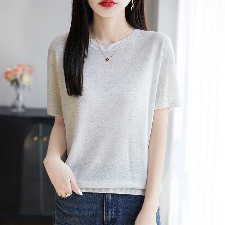 夏季一线成衣天丝亚麻针织短袖女圆领点子纱T恤上衣宽松半袖打底，女装T恤，暖烁羊绒