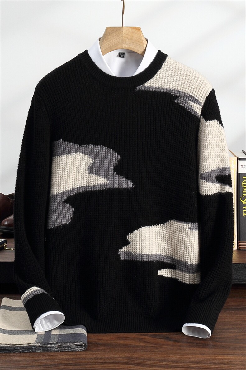 秋冬季35%羊绒休闲商务简约百搭云朵提花圆领羊绒衫男装,男装羊绒套衫,纳丰羊绒