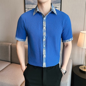 817-P38 拼色泡泡格夏季新款男士短袖衬衫潮流时尚短袖潮男衬衣图片