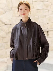 （现货）新款简约时尚摩登复古拼接格子皮衣外套女图片